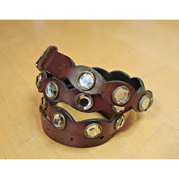 Vintage American Eagle Women Rhinestone Stud Leather Belt L-XL Brown Boho Urban - Picture 2 of 9